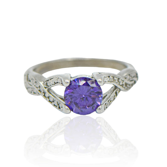 CZ Round Amethyst Gem stone with Criss Cross band Sterling Silver Ring