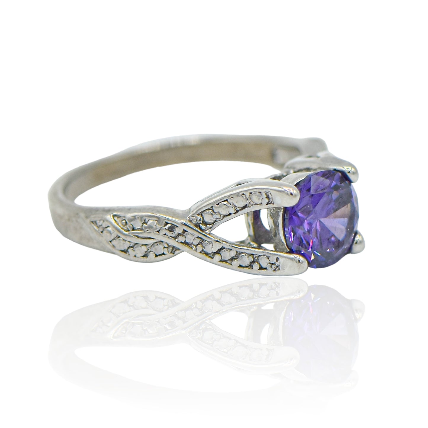 CZ Round Amethyst Gem stone with Criss Cross band Sterling Silver Ring