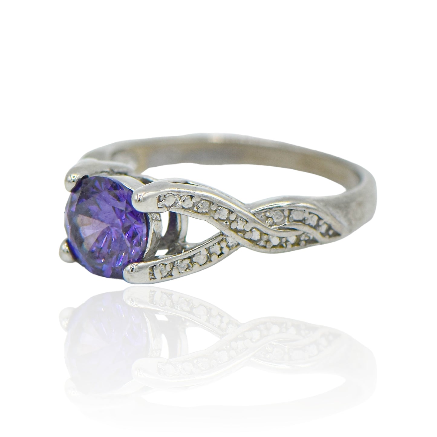 CZ Round Amethyst Gem stone with Criss Cross band Sterling Silver Ring