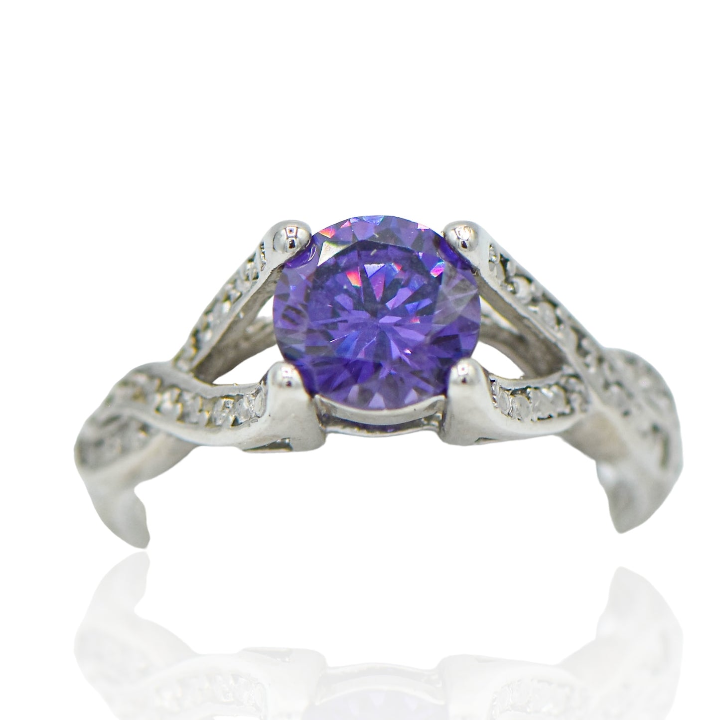 CZ Round Amethyst Gem stone with Criss Cross band Sterling Silver Ring