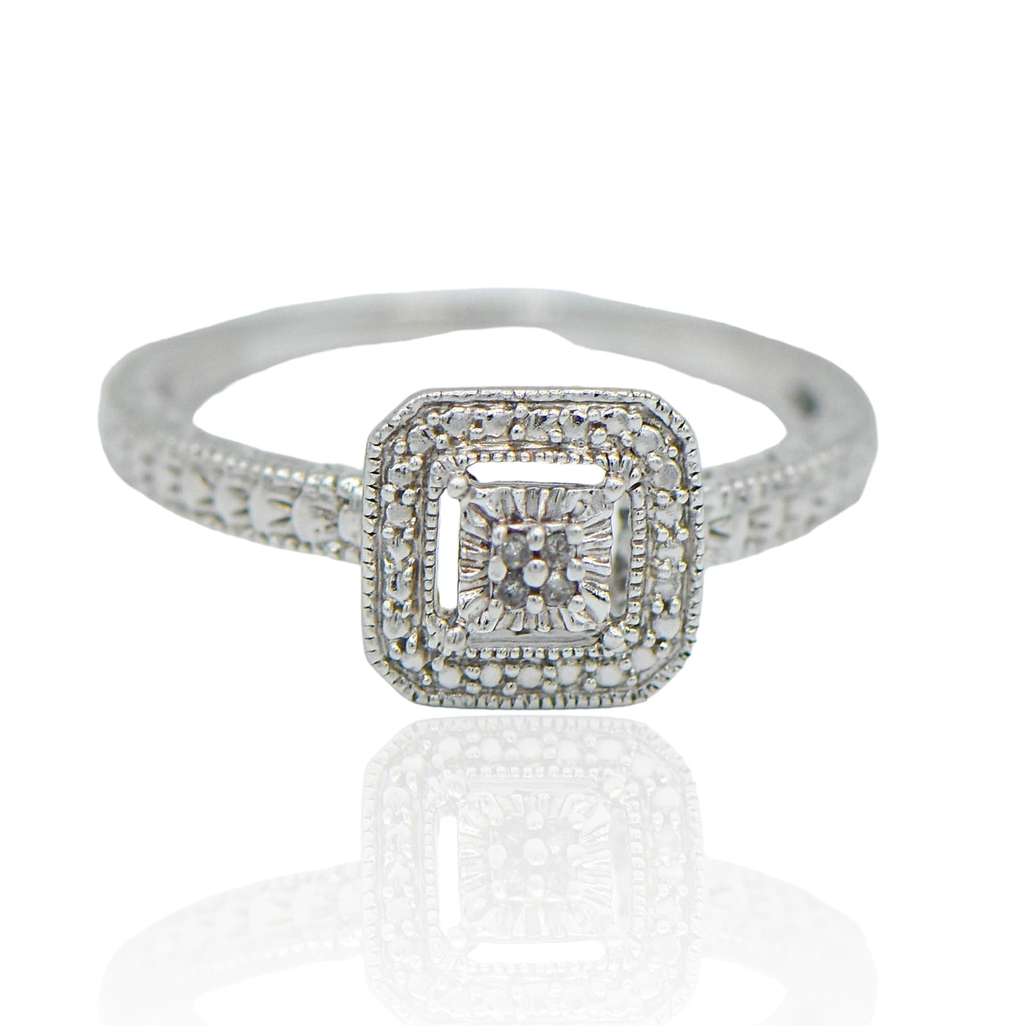 CZ Cluster square with beaded band Ring