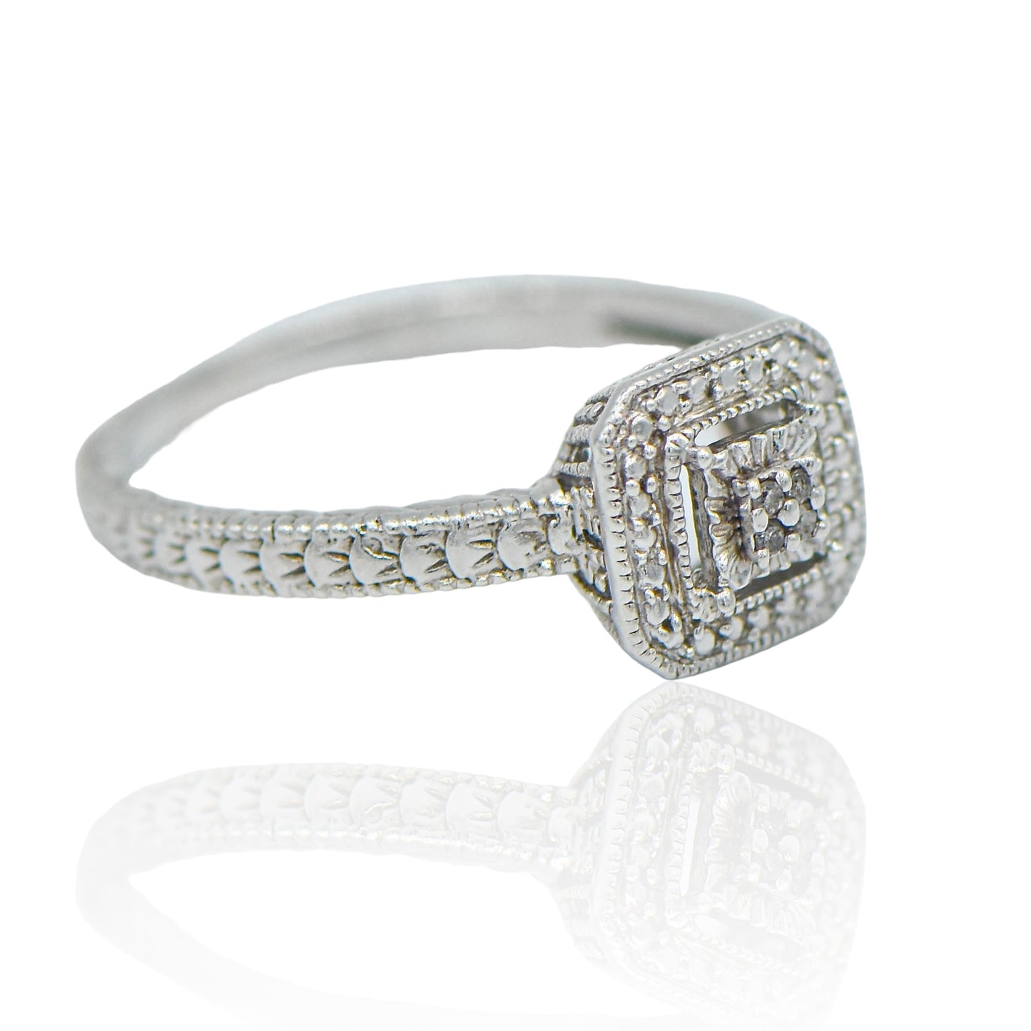 CZ Cluster square with beaded band Ring