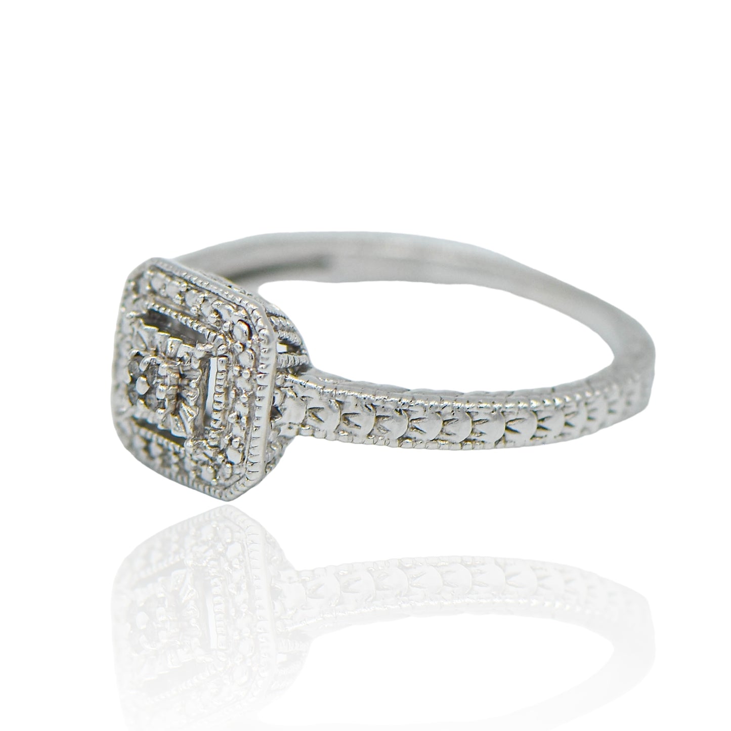 CZ Cluster square with beaded band Ring