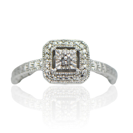 CZ Cluster square with beaded band Ring