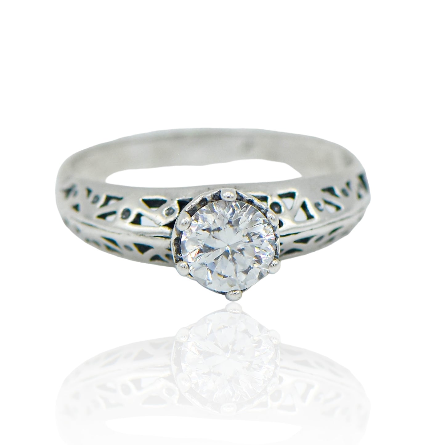 CZ round Solitaire Cut Out Band Sterling Silver Ring