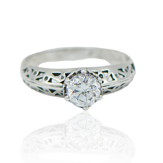 CZ round Solitaire Cut Out Band Sterling Silver Ring