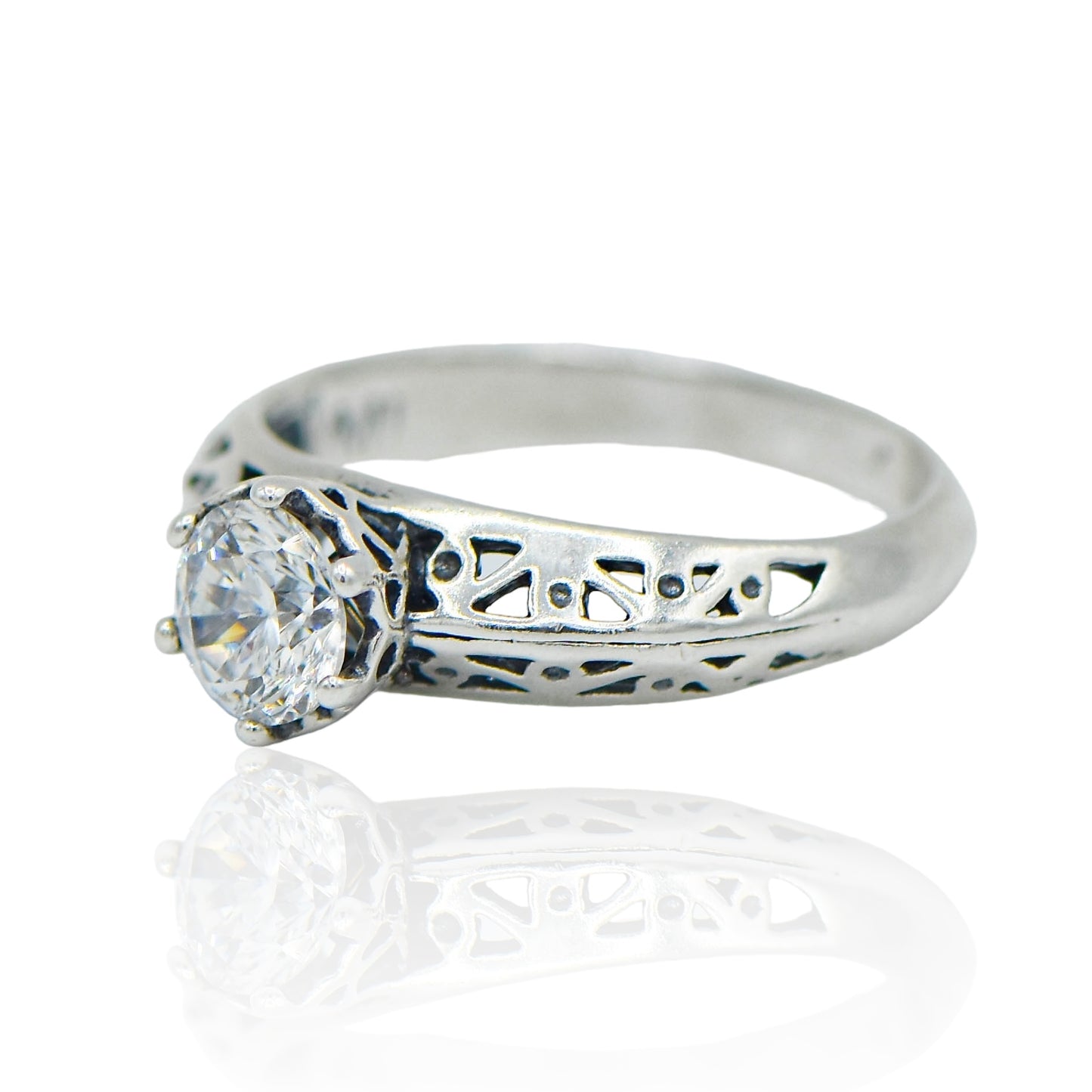 CZ round Solitaire Cut Out Band Sterling Silver Ring