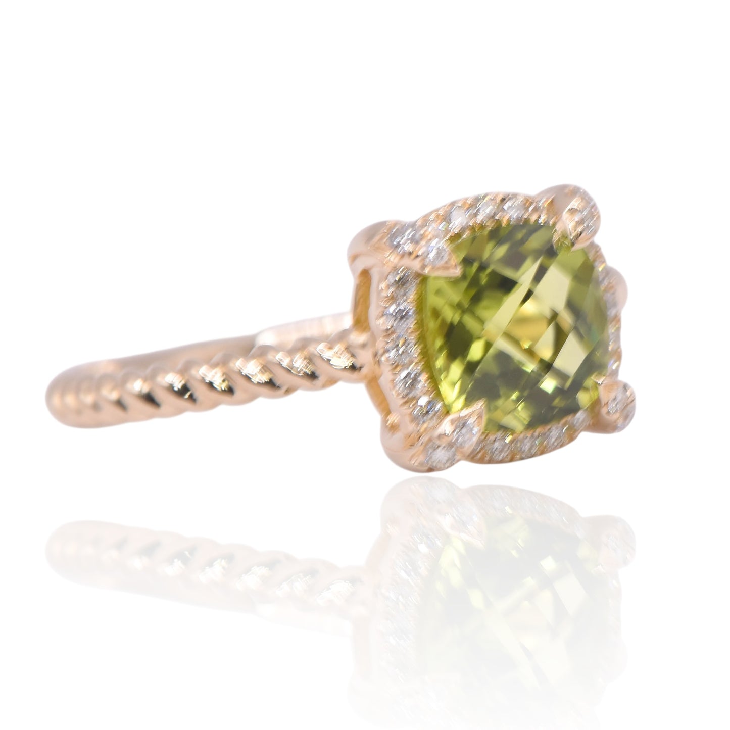 Peridot Braided Ring with Diamond Halo 14K Yellow Gold Ring Size 6.5