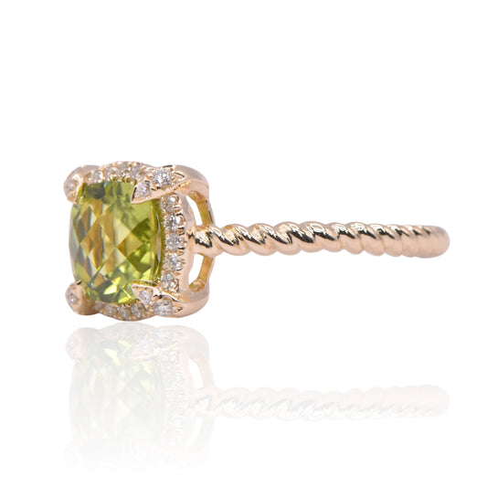 Peridot Braided Ring with Diamond Halo 14K Yellow Gold Ring Size 6.5