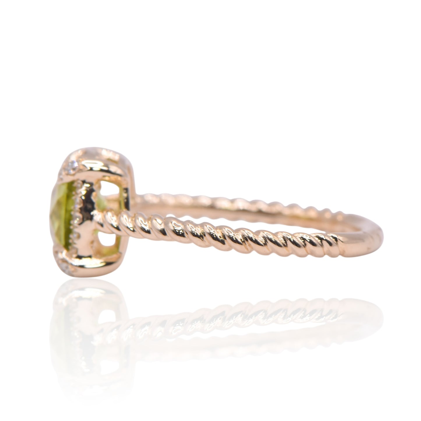Peridot Braided Ring with Diamond Halo 14K Yellow Gold Ring Size 6.5