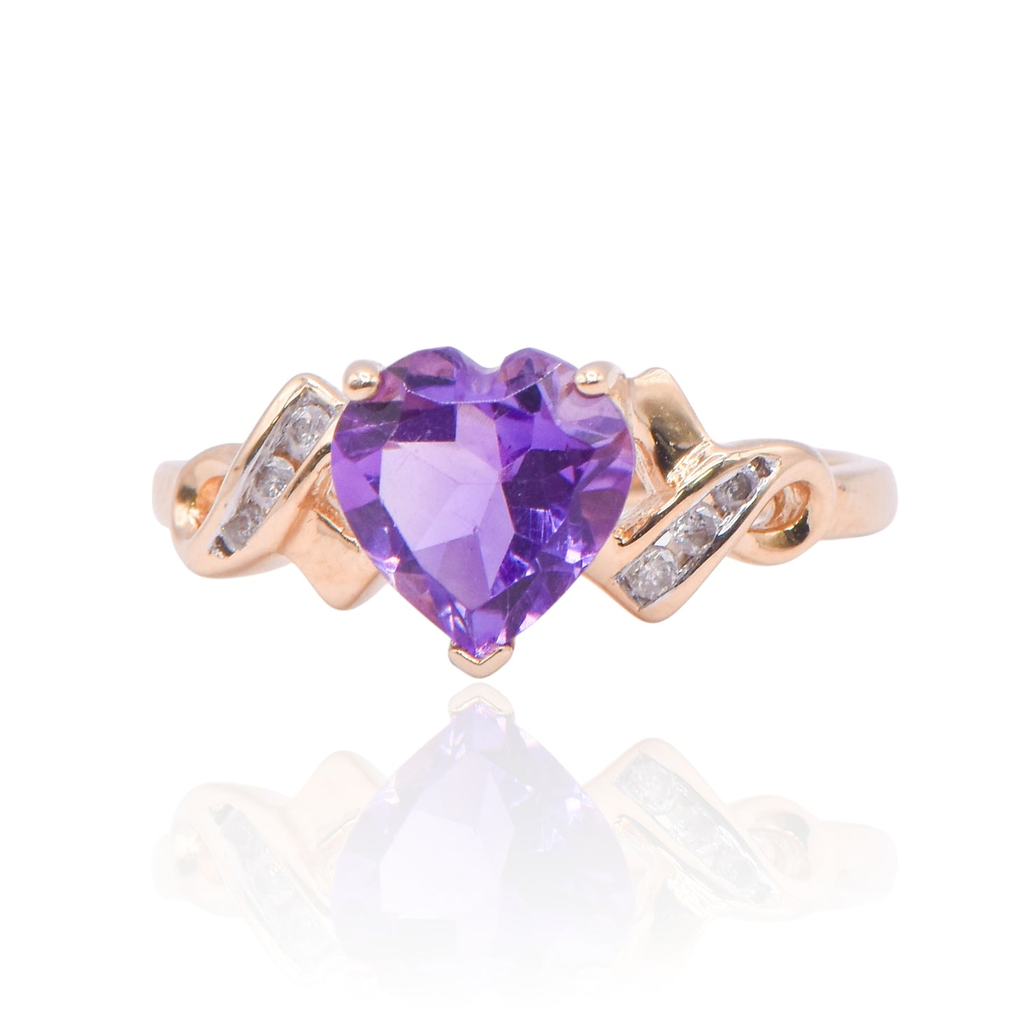 FINAL SALE: Amethyst Heart 14K Yellow Gold Ring with Accent Diamonds Size 7 0.18cttw