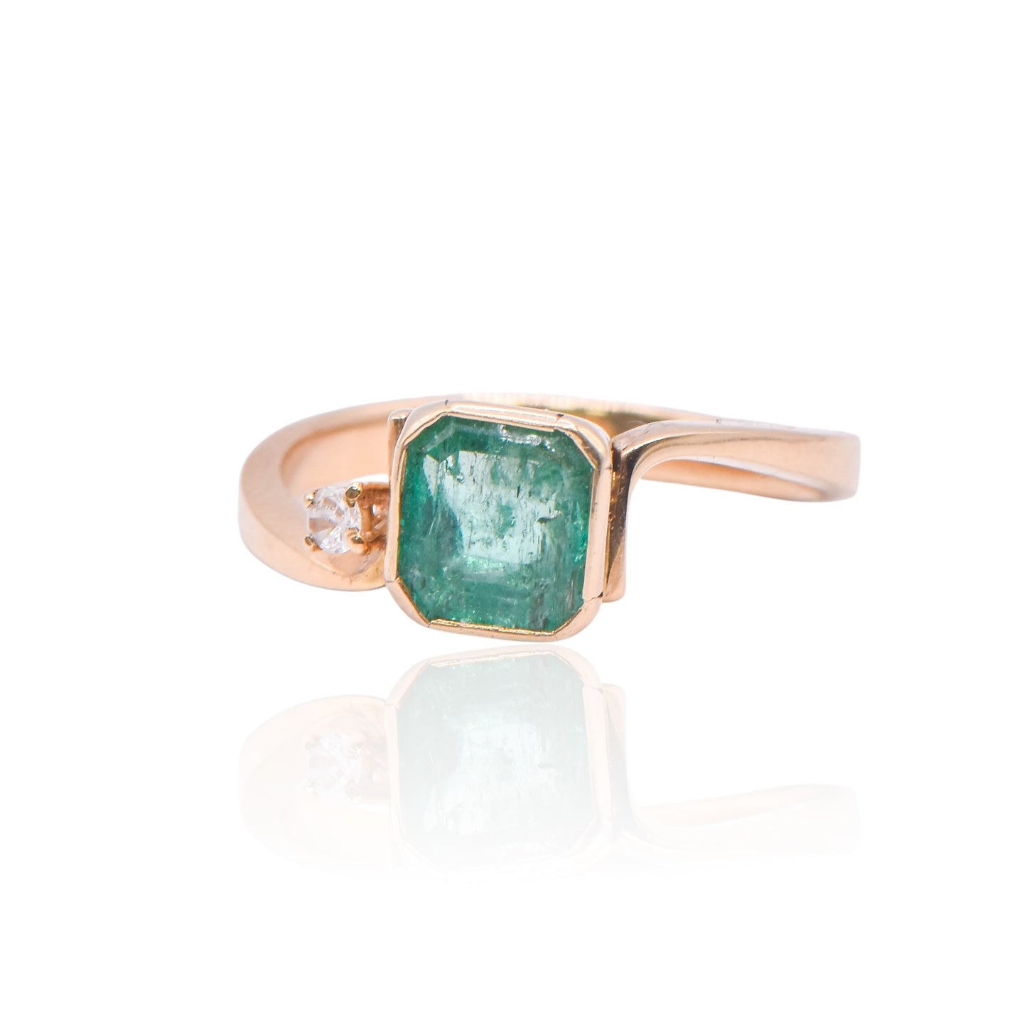 Emerald Asscher Bezel with Diamond Side Stone 14K Yellow Gold Ring Size 7