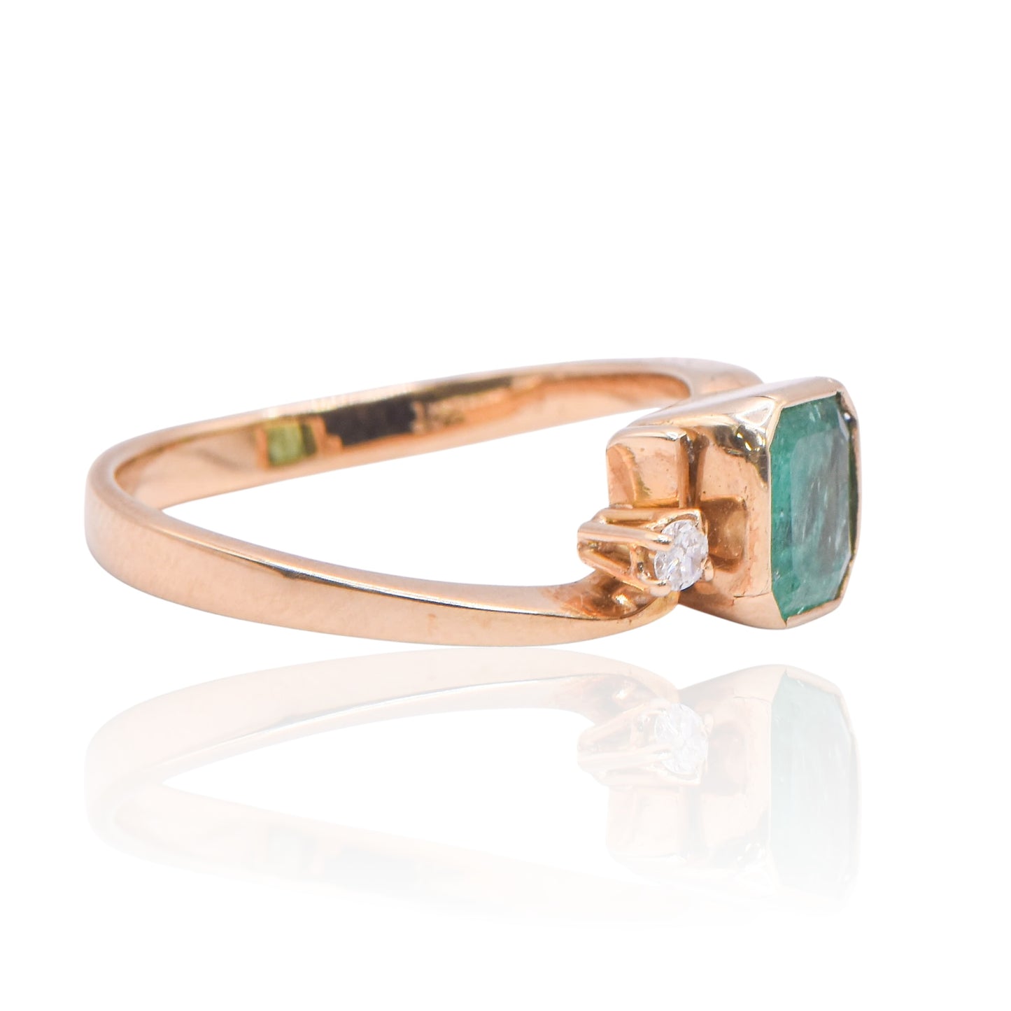 Emerald Asscher Bezel with Diamond Side Stone 14K Yellow Gold Ring Size 7