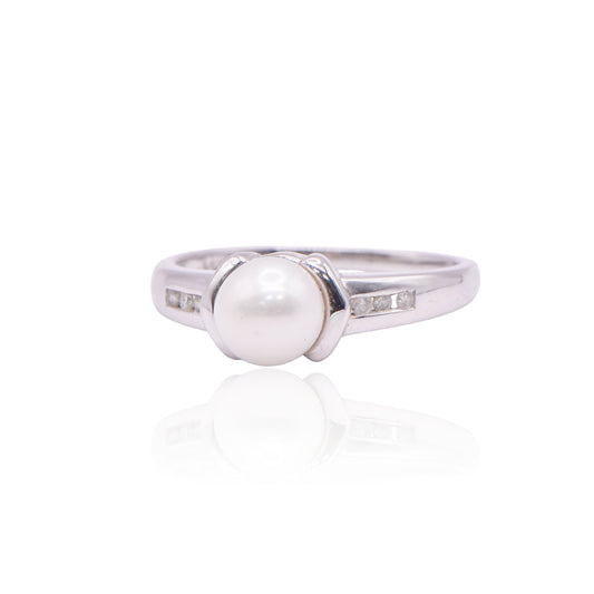 Pearl 14K White Gold Ring with Accent Diamonds