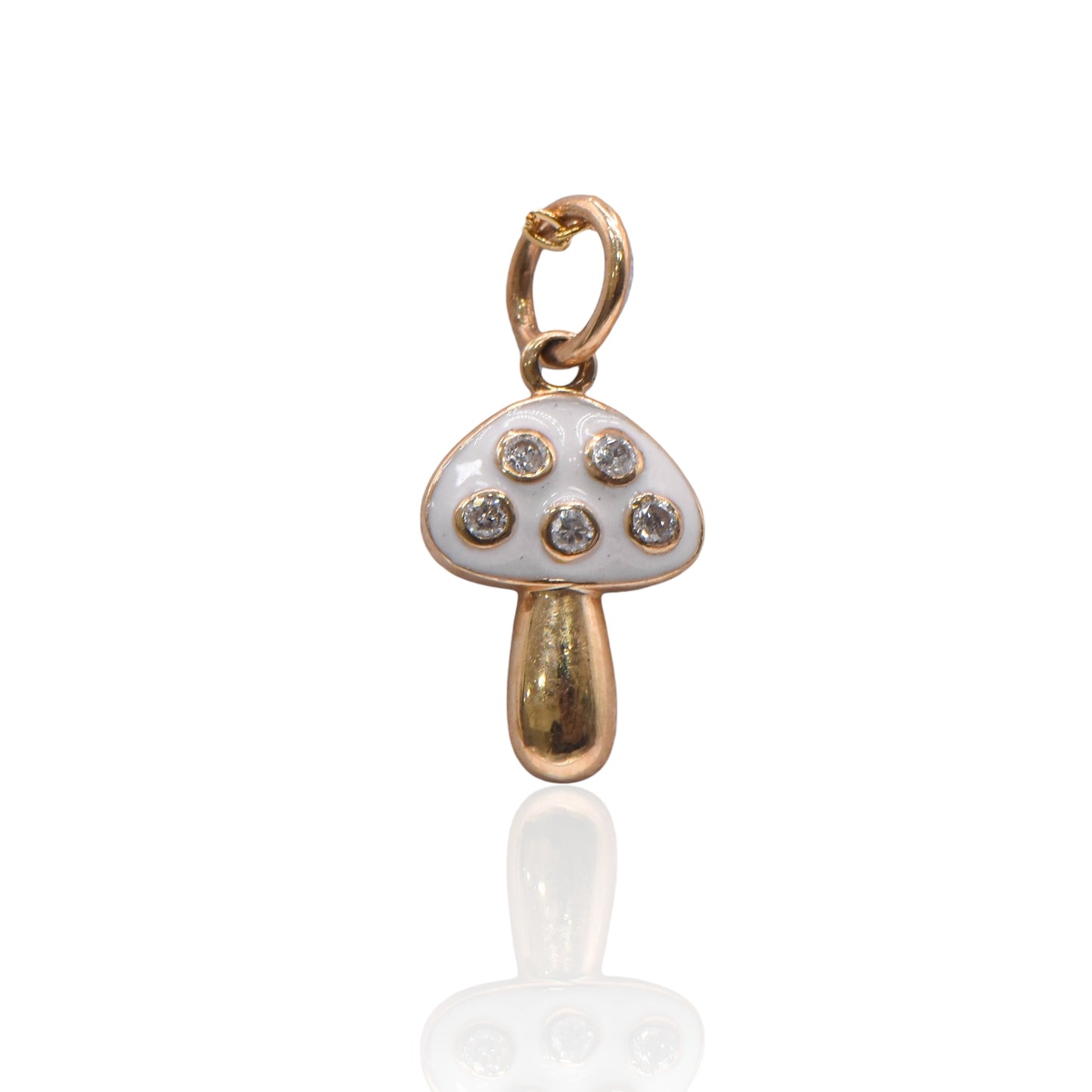 White Magic Mushroom Enamel Mushroom Charm 14K Yellow Gold with Accent Diamonds