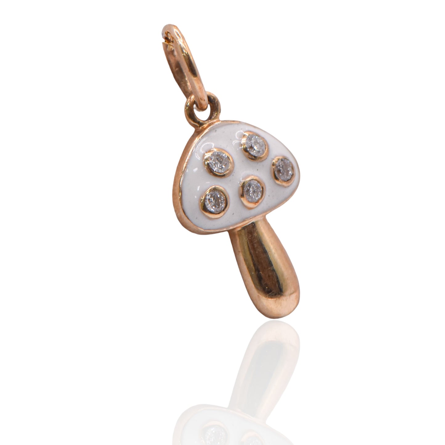 White Magic Mushroom Enamel Mushroom Charm 14K Yellow Gold with Accent Diamonds