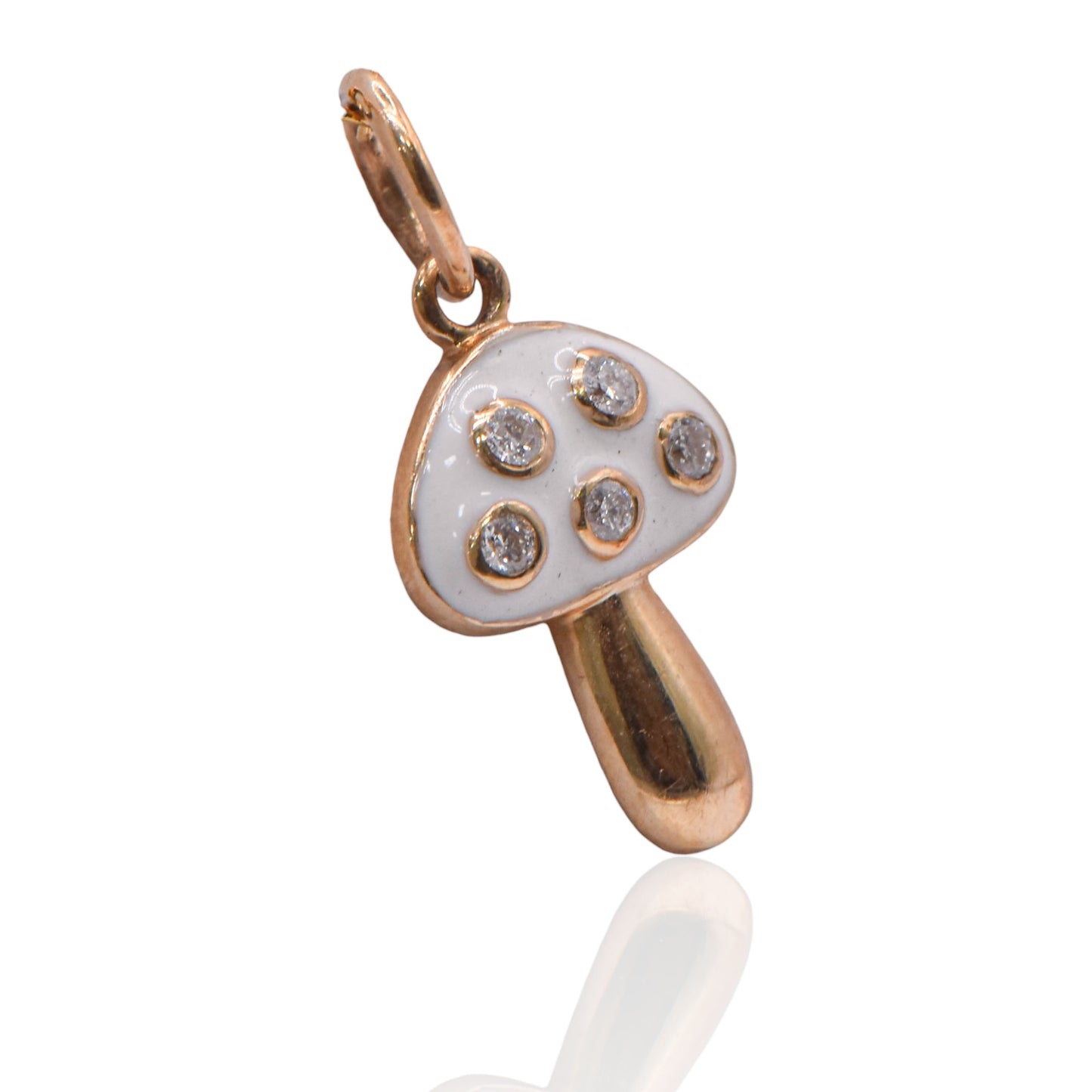 White Magic Mushroom Enamel Mushroom Charm 14K Yellow Gold with Accent Diamonds
