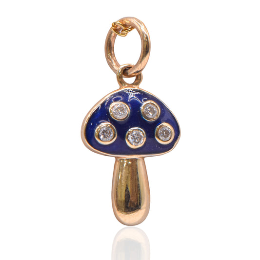 Blue Magic Mushroom Enamel Mushroom Charm 14K Yellow Gold with Accent Diamonds