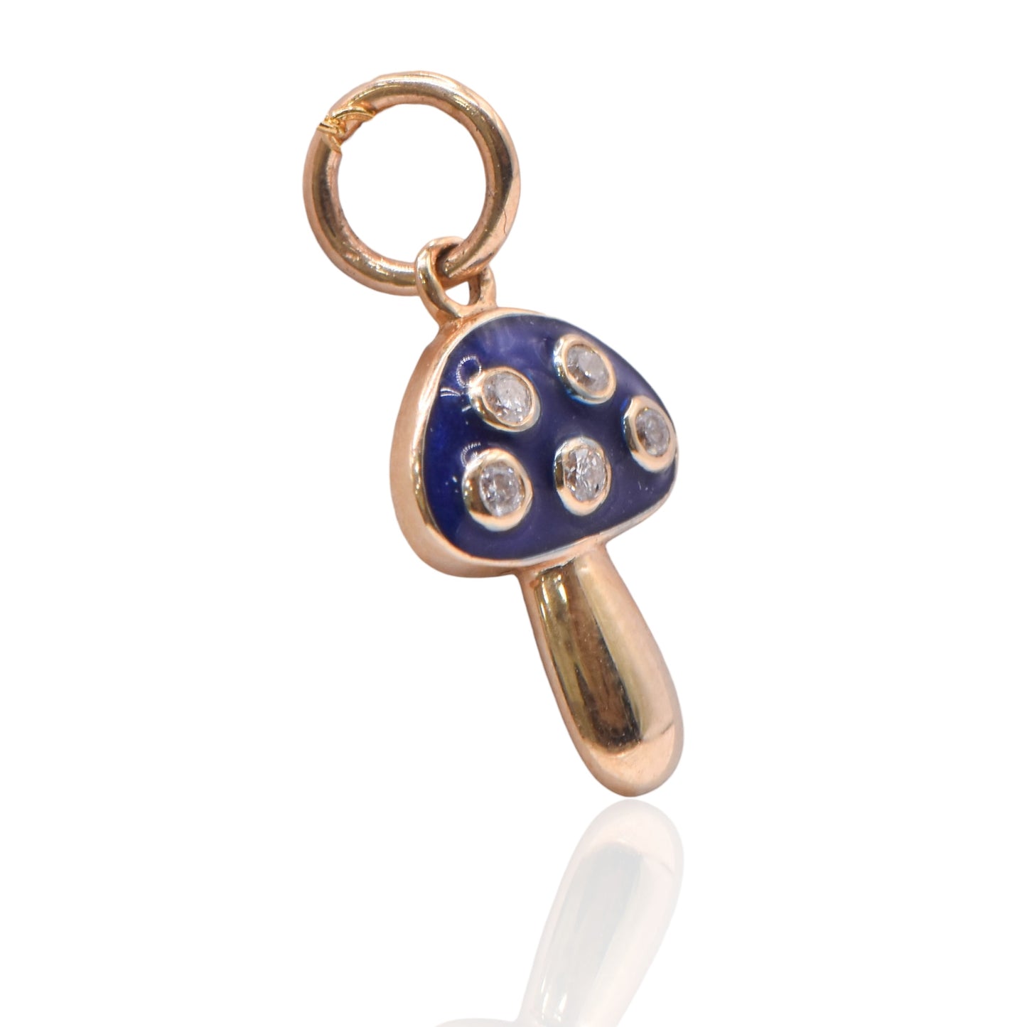 Blue Magic Mushroom Enamel Mushroom Charm 14K Yellow Gold with Accent Diamonds