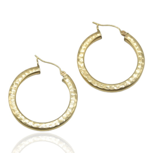 Round Hammered Hoop Earrings 14K Yellow 2.78 Thickness