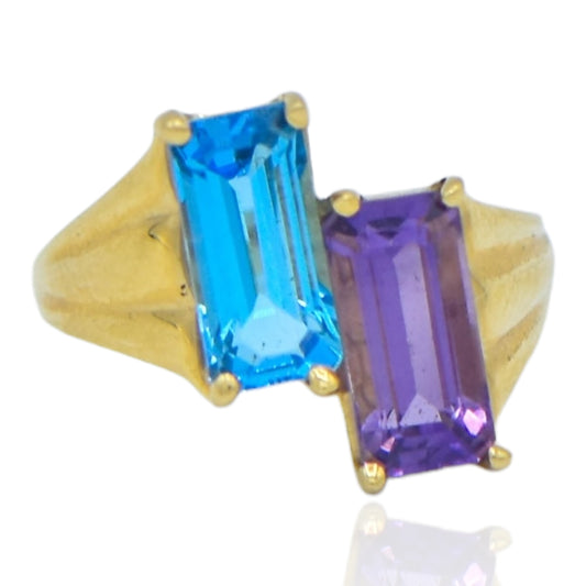 Blue Topaz and Amethyst Rectangle Cut Ring 14k Yellow Gold