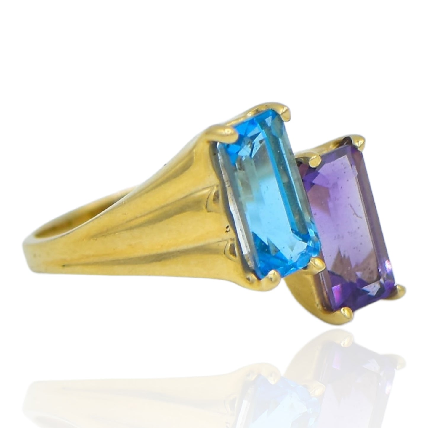 Blue Topaz and Amethyst Rectangle Cut Ring 14k Yellow Gold