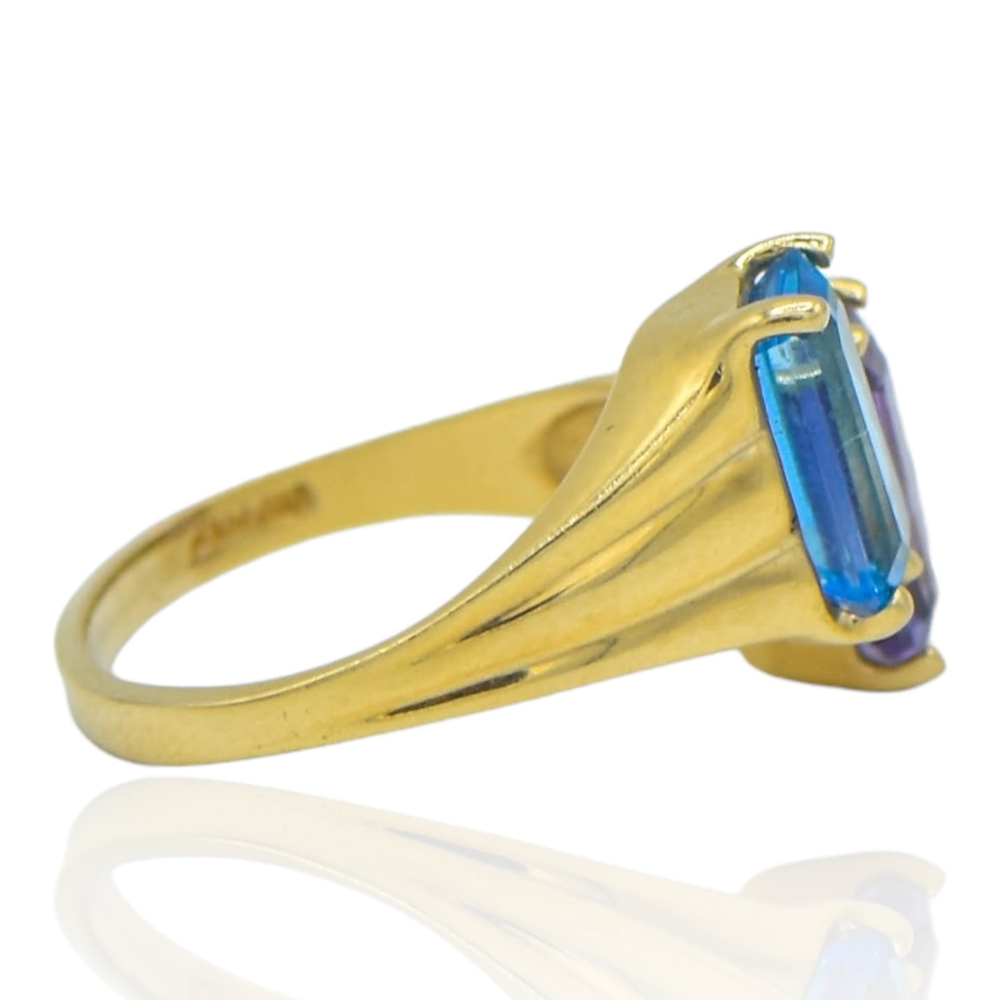 Blue Topaz and Amethyst Rectangle Cut Ring 14k Yellow Gold