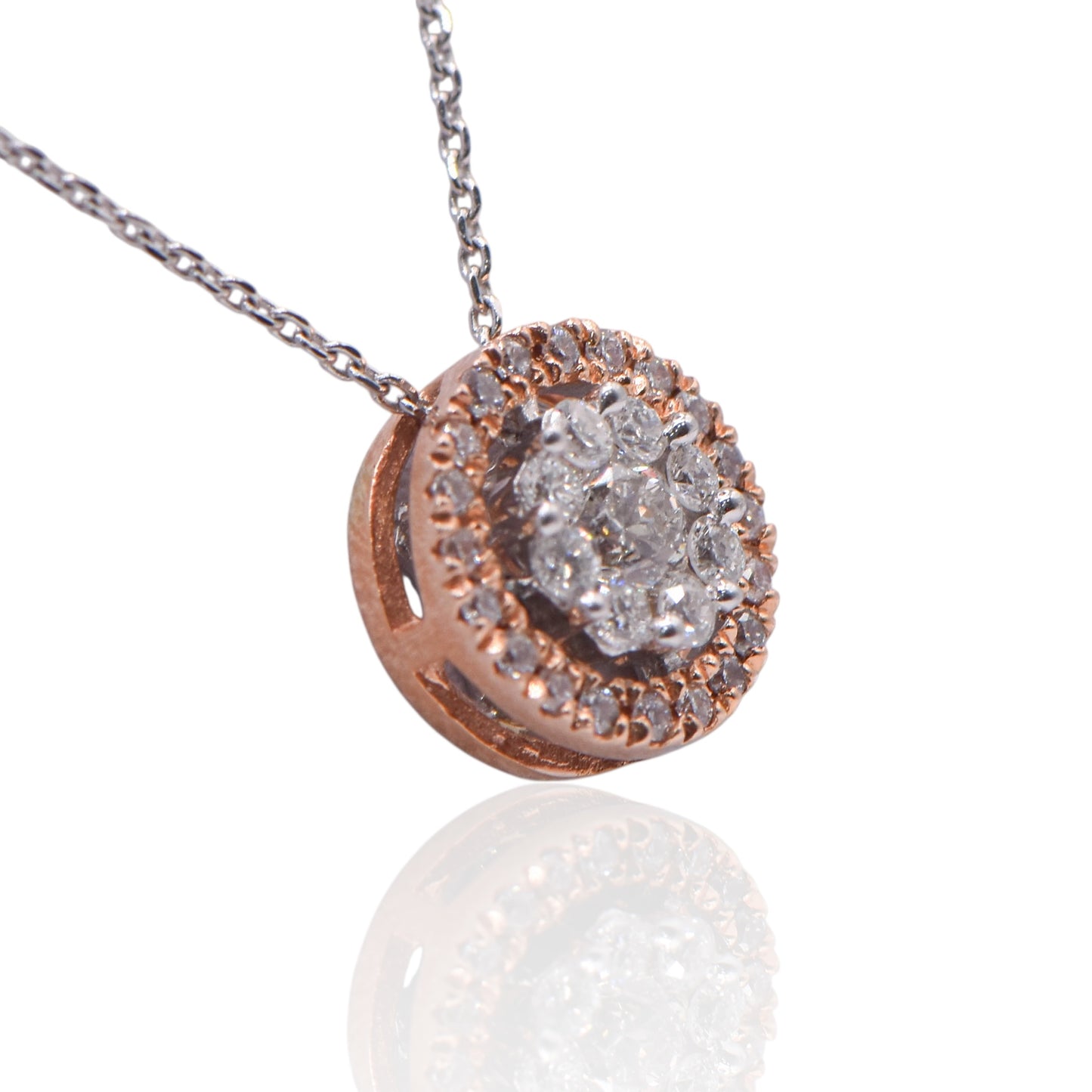 Two-Tone Round Cluster Necklace 14K White and Rose Gold with Accent Diamonds 20in