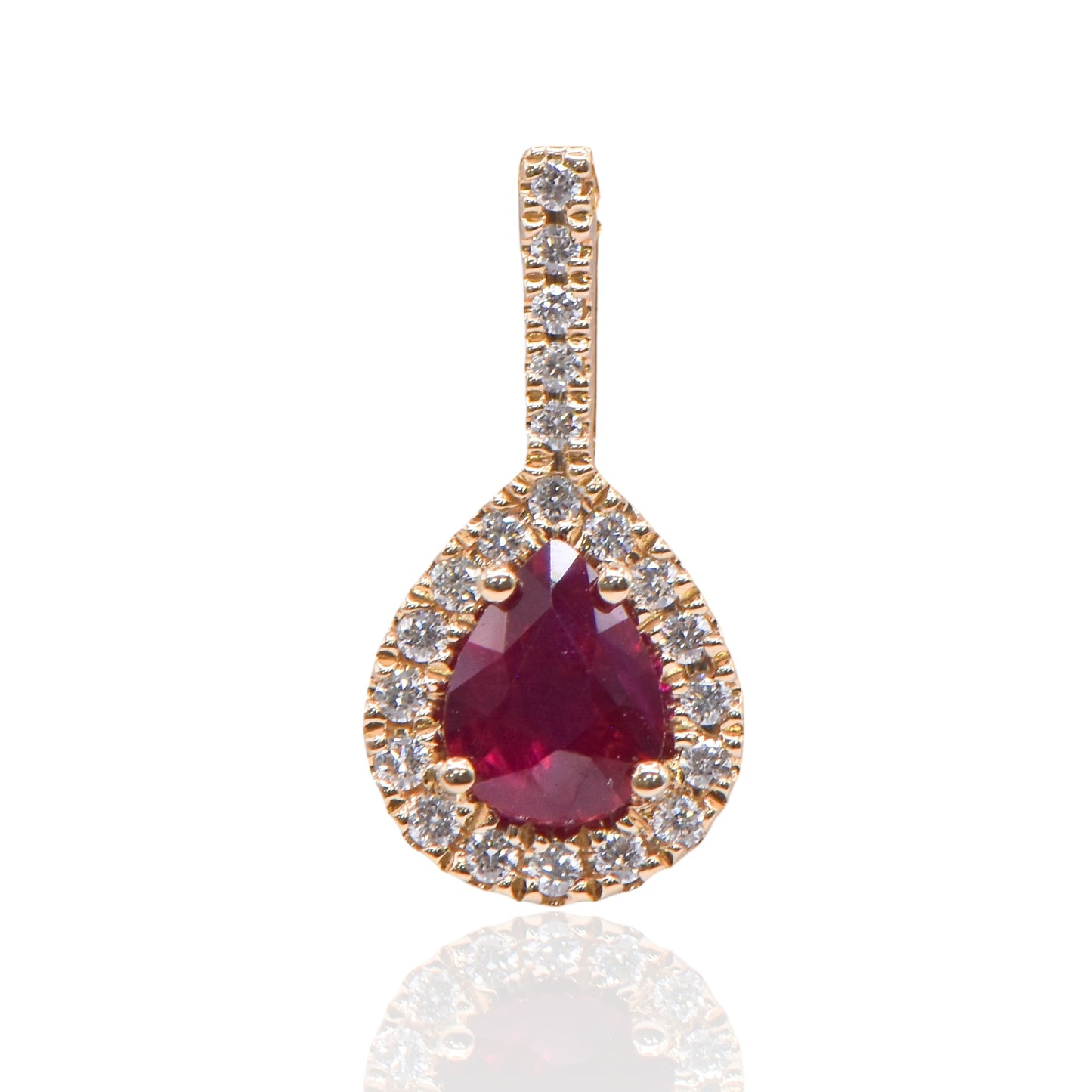 Ruby Pear Necklace with Accent Diamonds 14K Yellow Gold with Diamond Bail 20in