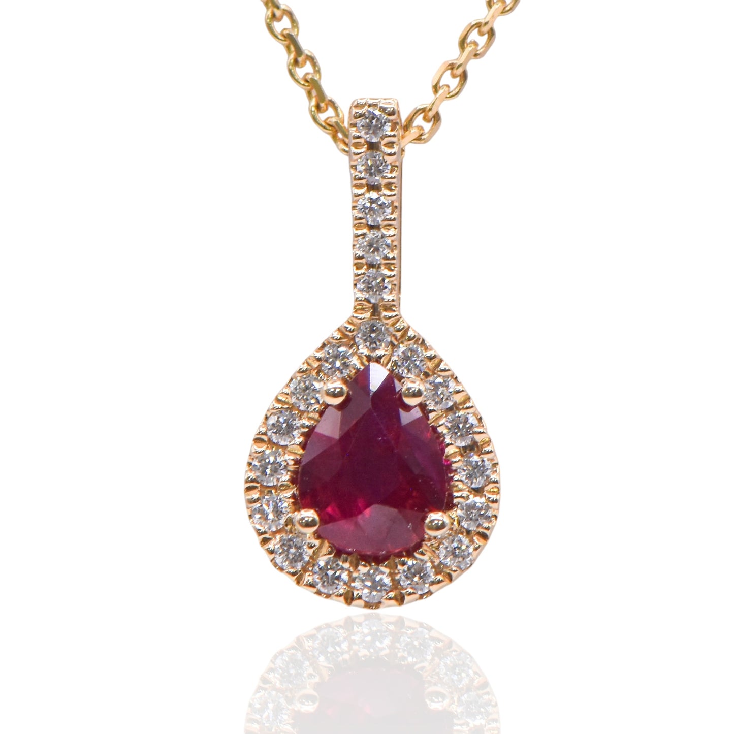 Ruby Pear Necklace with Accent Diamonds 14K Yellow Gold with Diamond Bail 20in