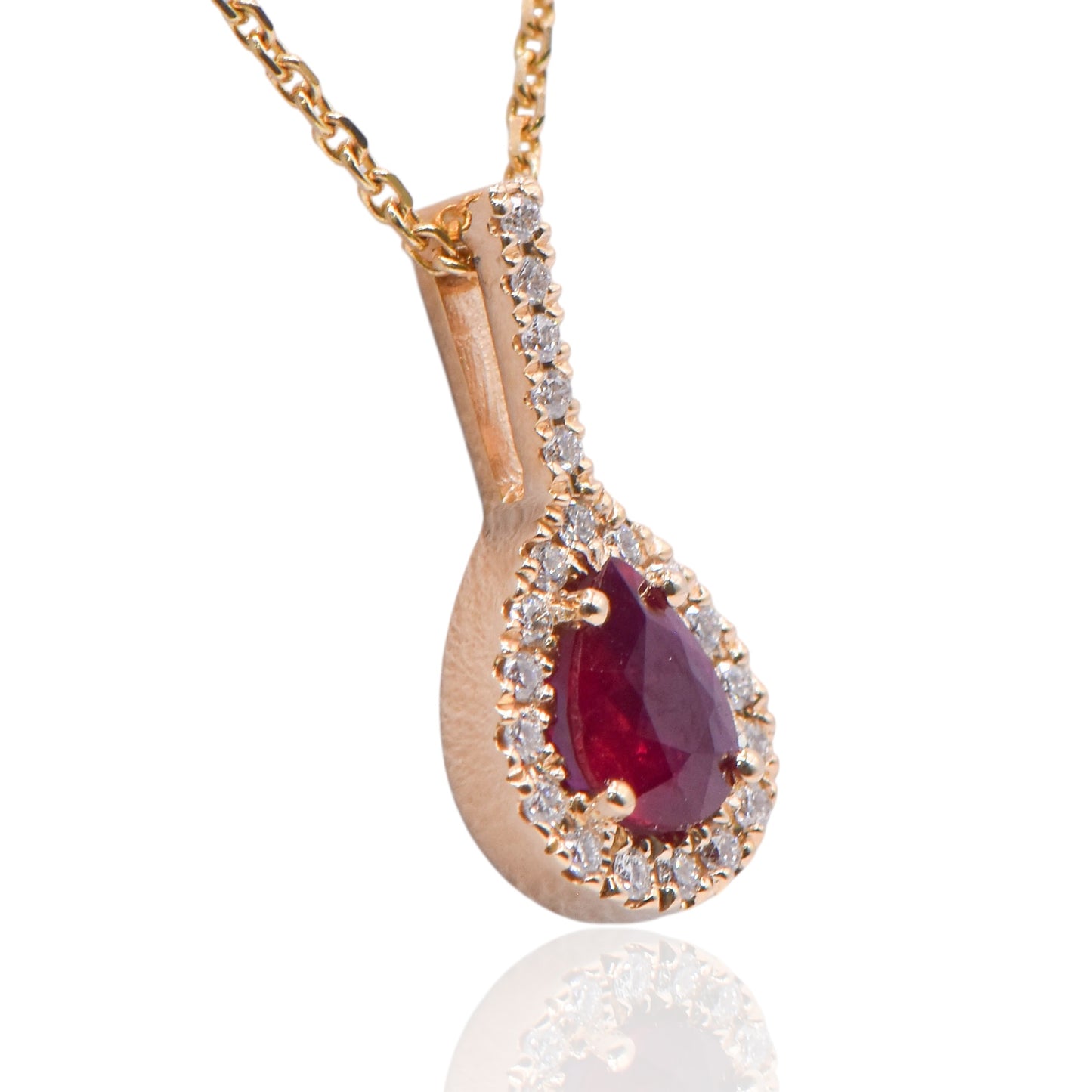 Ruby Pear Necklace with Accent Diamonds 14K Yellow Gold with Diamond Bail 20in