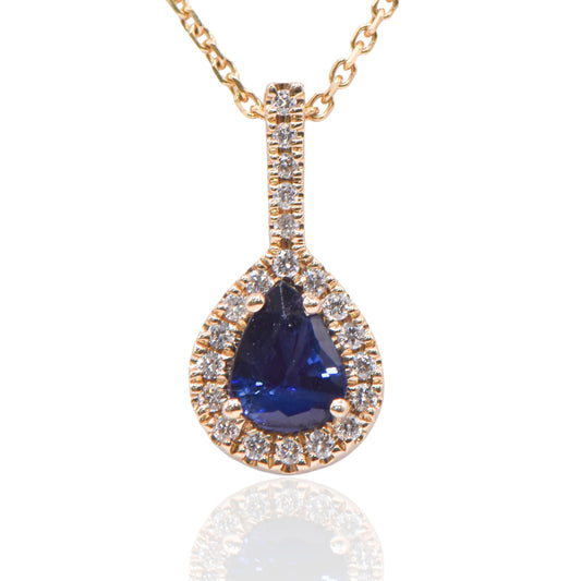Sapphire Pear Necklace with Accent Diamonds 14K Yellow Gold with Diamond Bail 20in