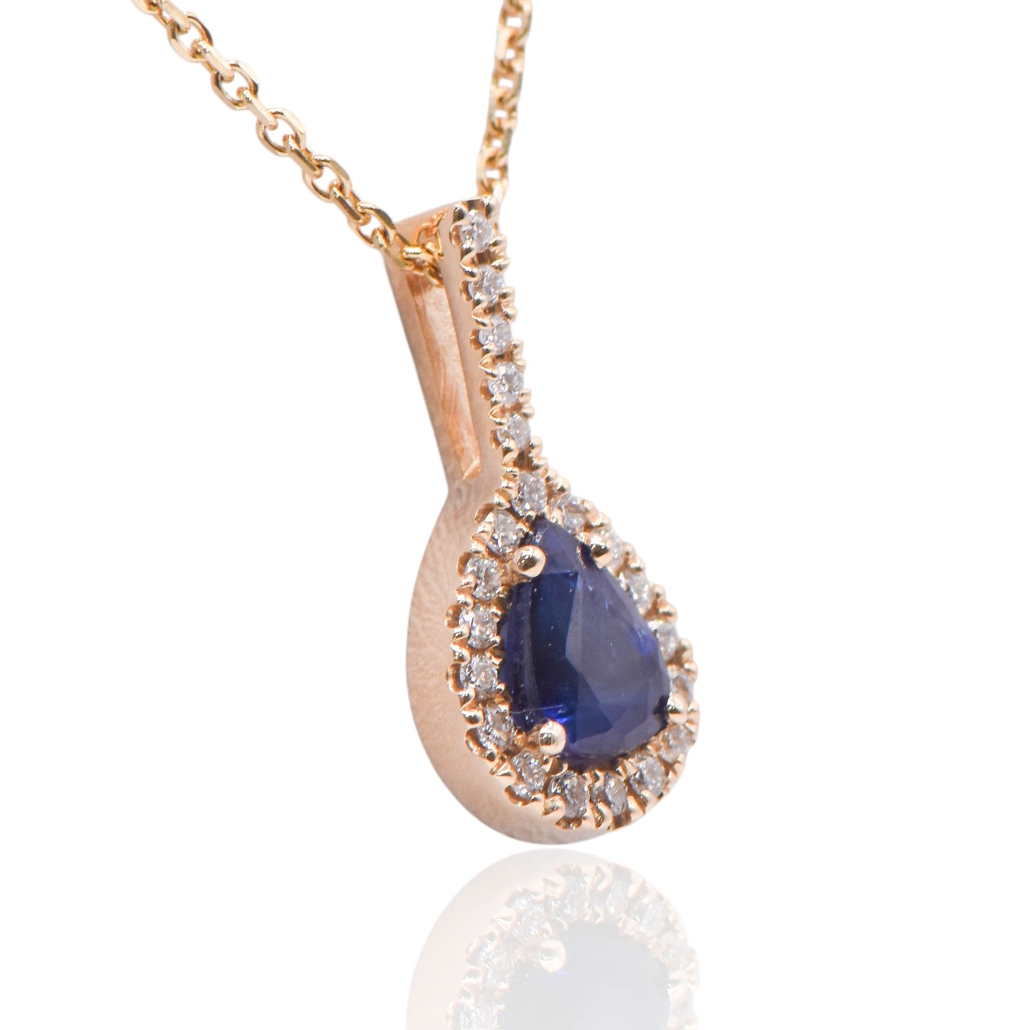 Sapphire Pear Necklace with Accent Diamonds 14K Yellow Gold with Diamond Bail 20in