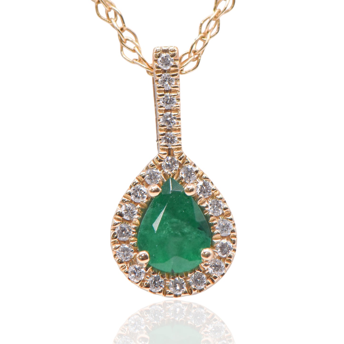 Emerald Pear Necklace with Accent Diamonds 14K Yellow Gold with Diamond Bail 18in