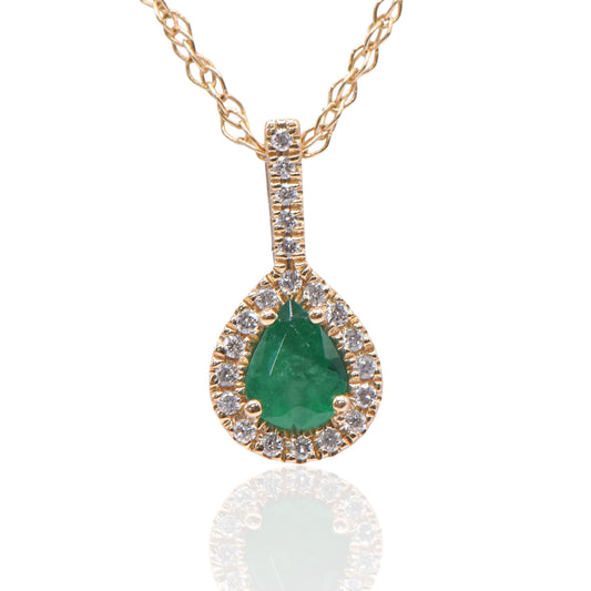 Emerald Pear Necklace with Accent Diamonds 14K Yellow Gold with Diamond Bail 18in