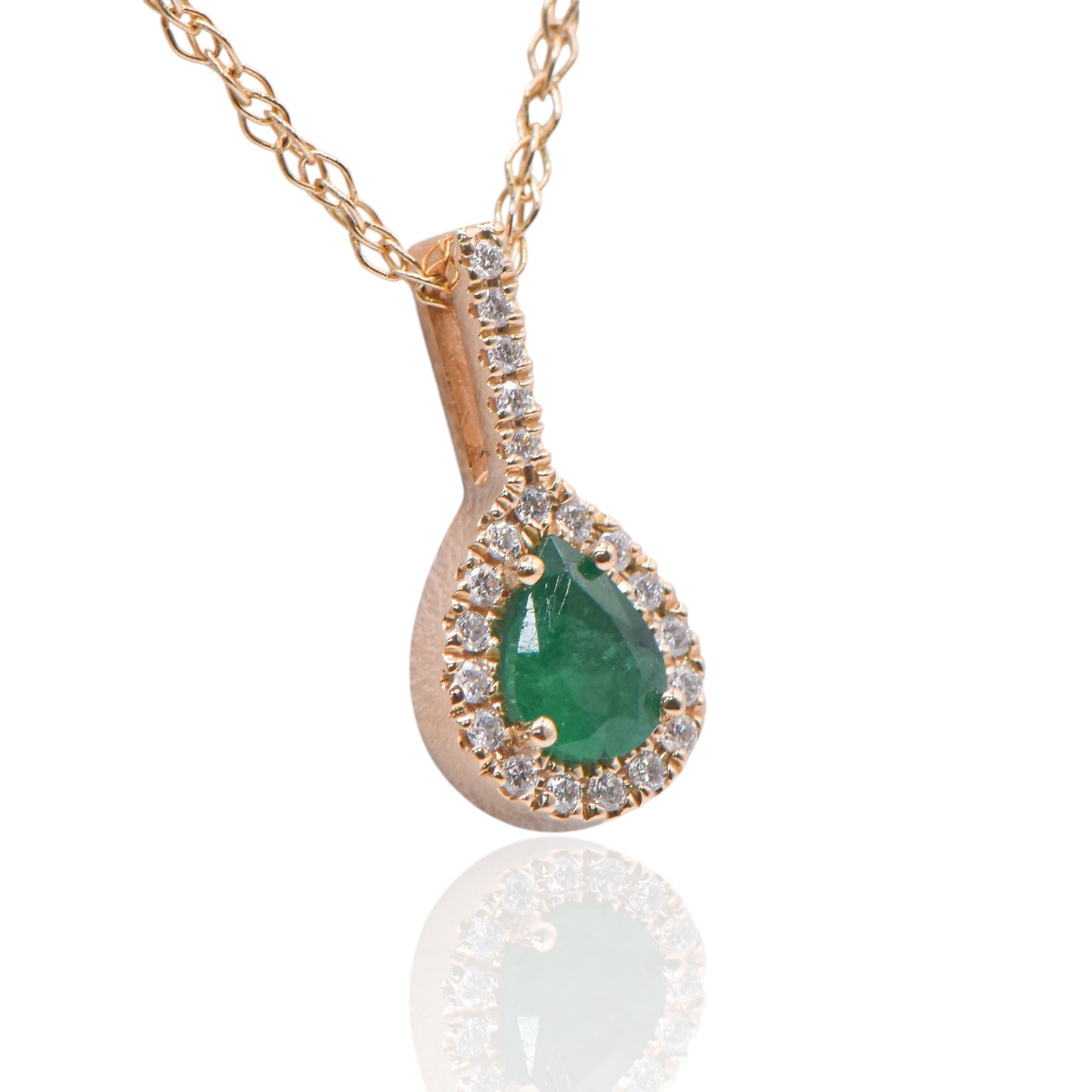 Emerald Pear Necklace with Accent Diamonds 14K Yellow Gold with Diamond Bail 18in