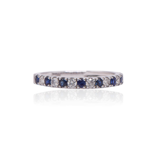 Sapphire and Diamond Half-Set Band Ring 14K White Gold Size 6.75