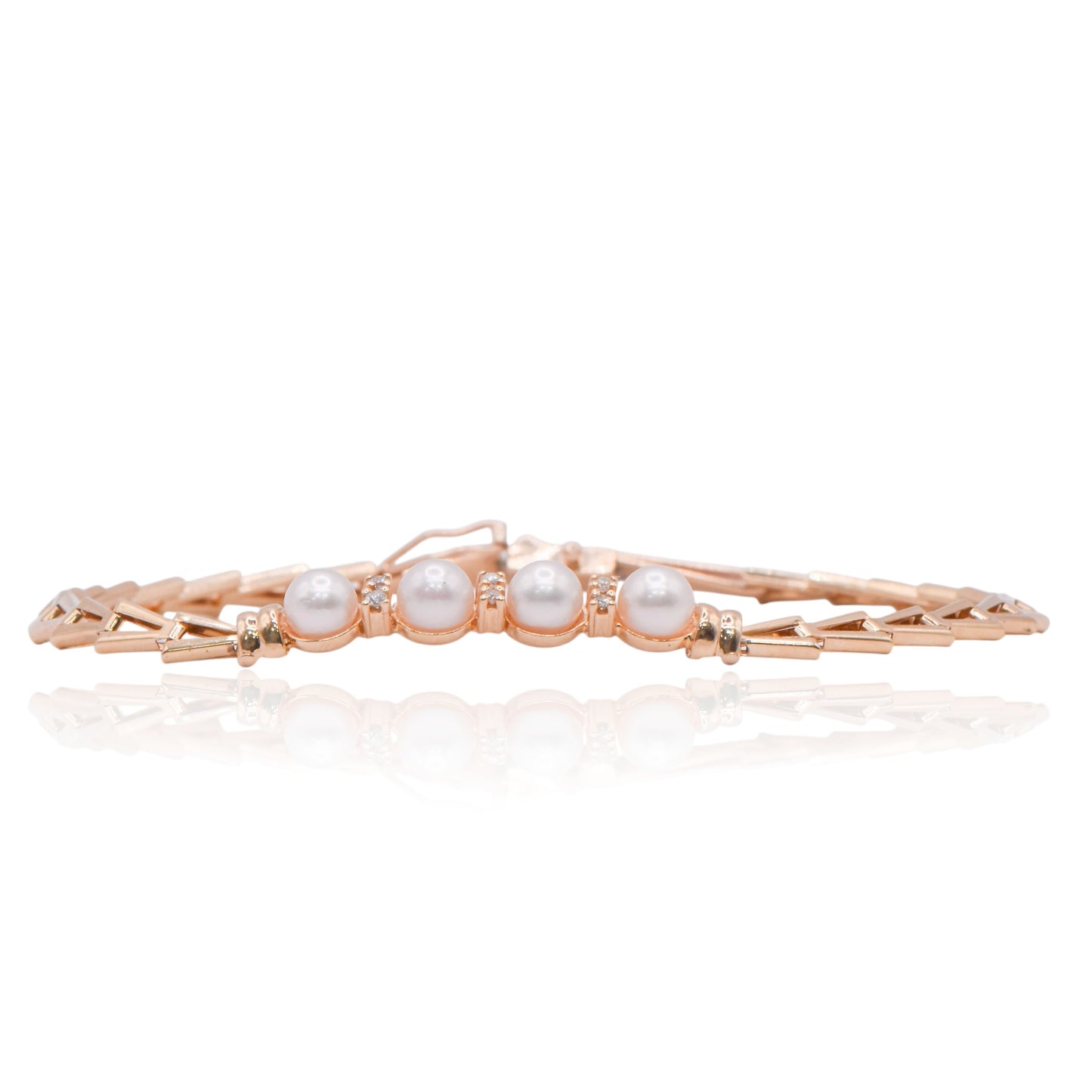 Pearl and Diamond Chevron Chain Bracelet 14K Yellow Gold 8in