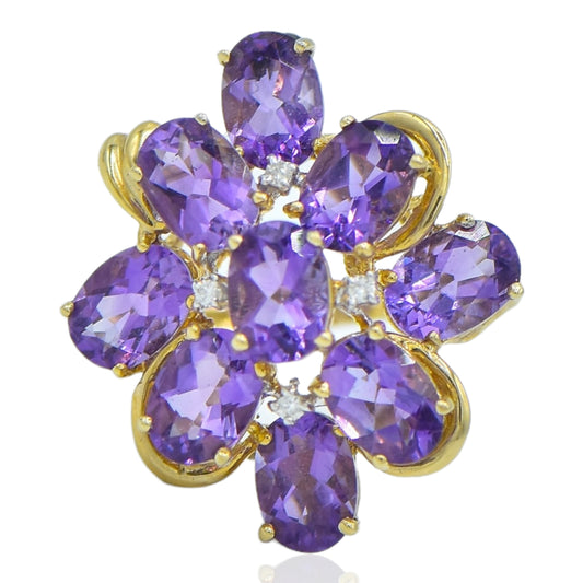 Oval Amethyst (6cttw)&amp; Diamond Cluster & Ring 14K Yellow Gold Cocktail