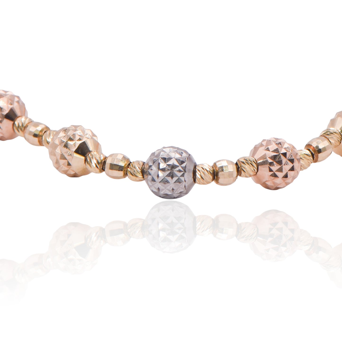 Tri-color Diamond Cut Beaded Bracelet 14K Rose Gold, White Gold, and Yellow Gold 8in