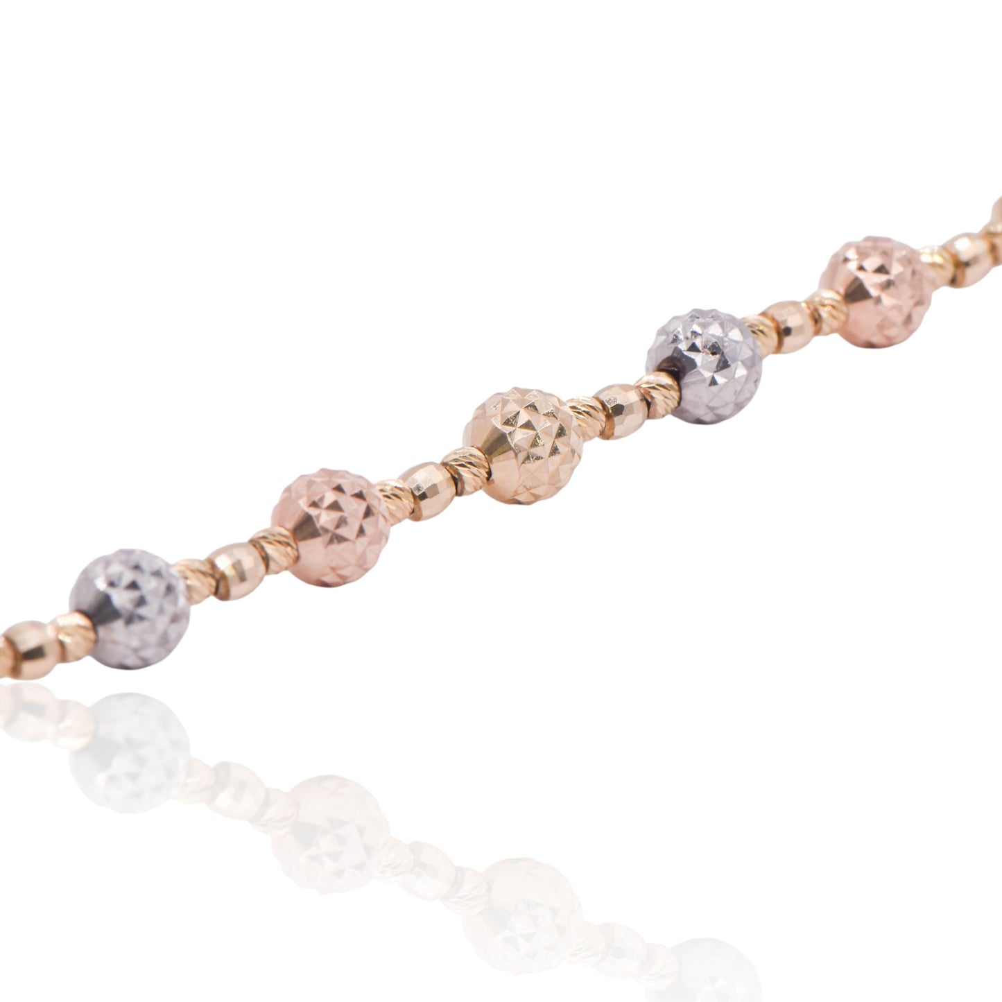 Tri-color Diamond Cut Beaded Bracelet 14K Rose Gold, White Gold, and Yellow Gold 8in
