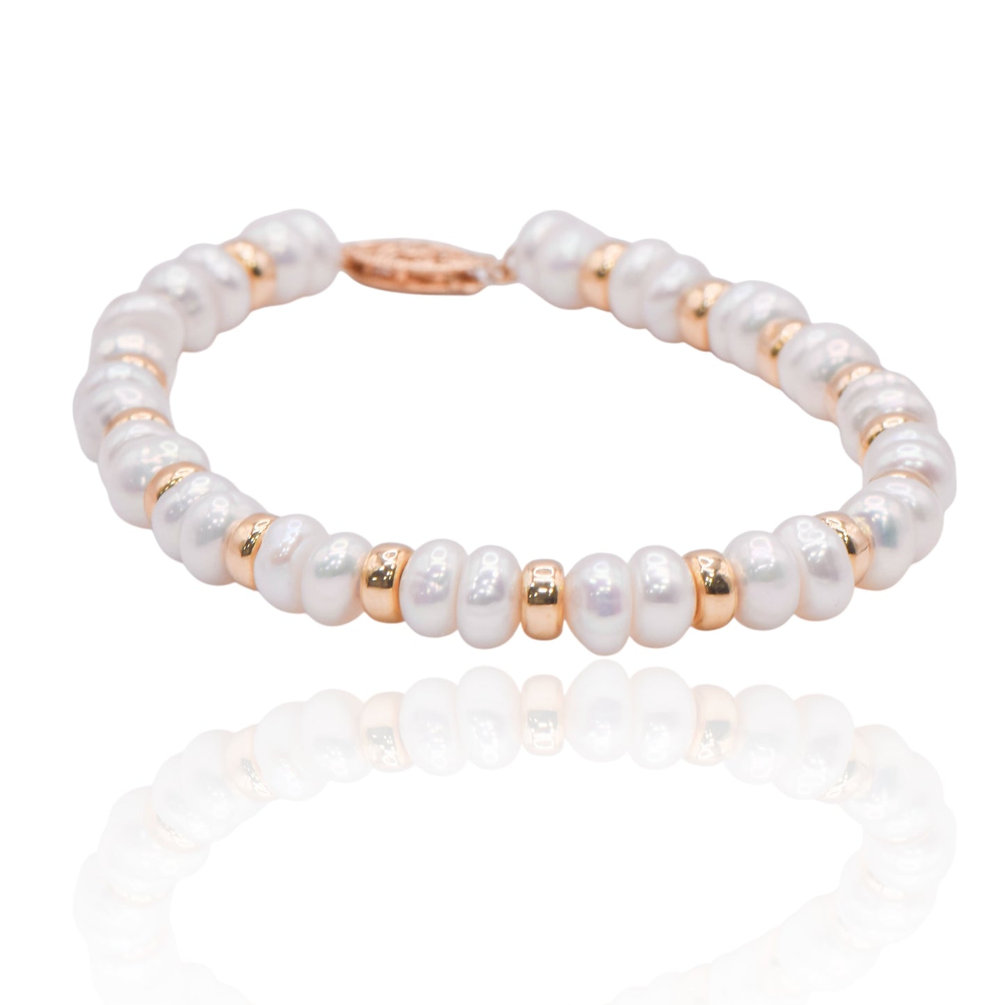 Button Pearl Knotted Bracelet with Gold Accent Beads 14K Yellow Gold 7in