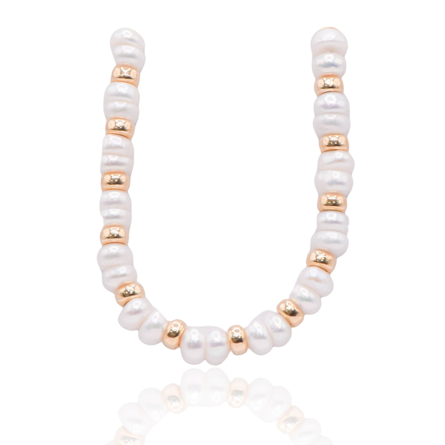 Button Pearl Knotted Bracelet with Gold Accent Beads 14K Yellow Gold 7in