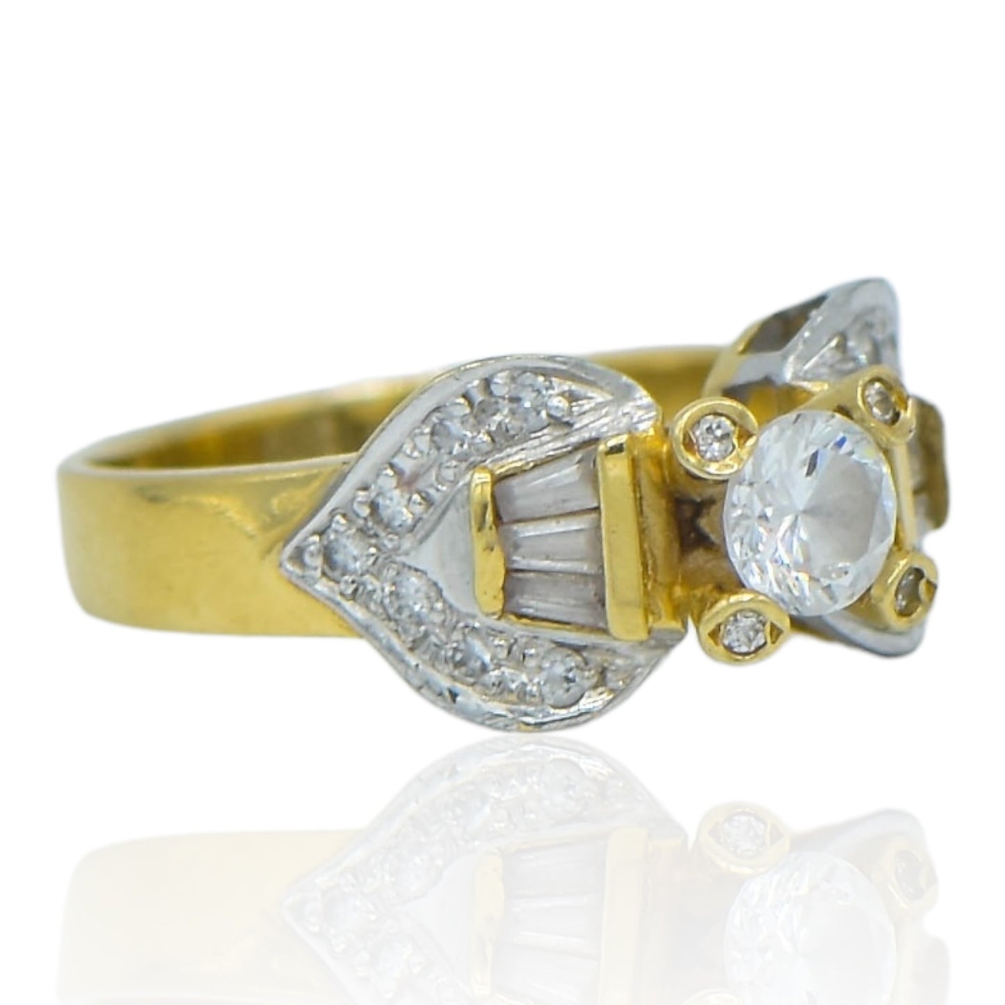 Cubic Zirconia Engagement Ring with Baguettes 14K Yellow Gold