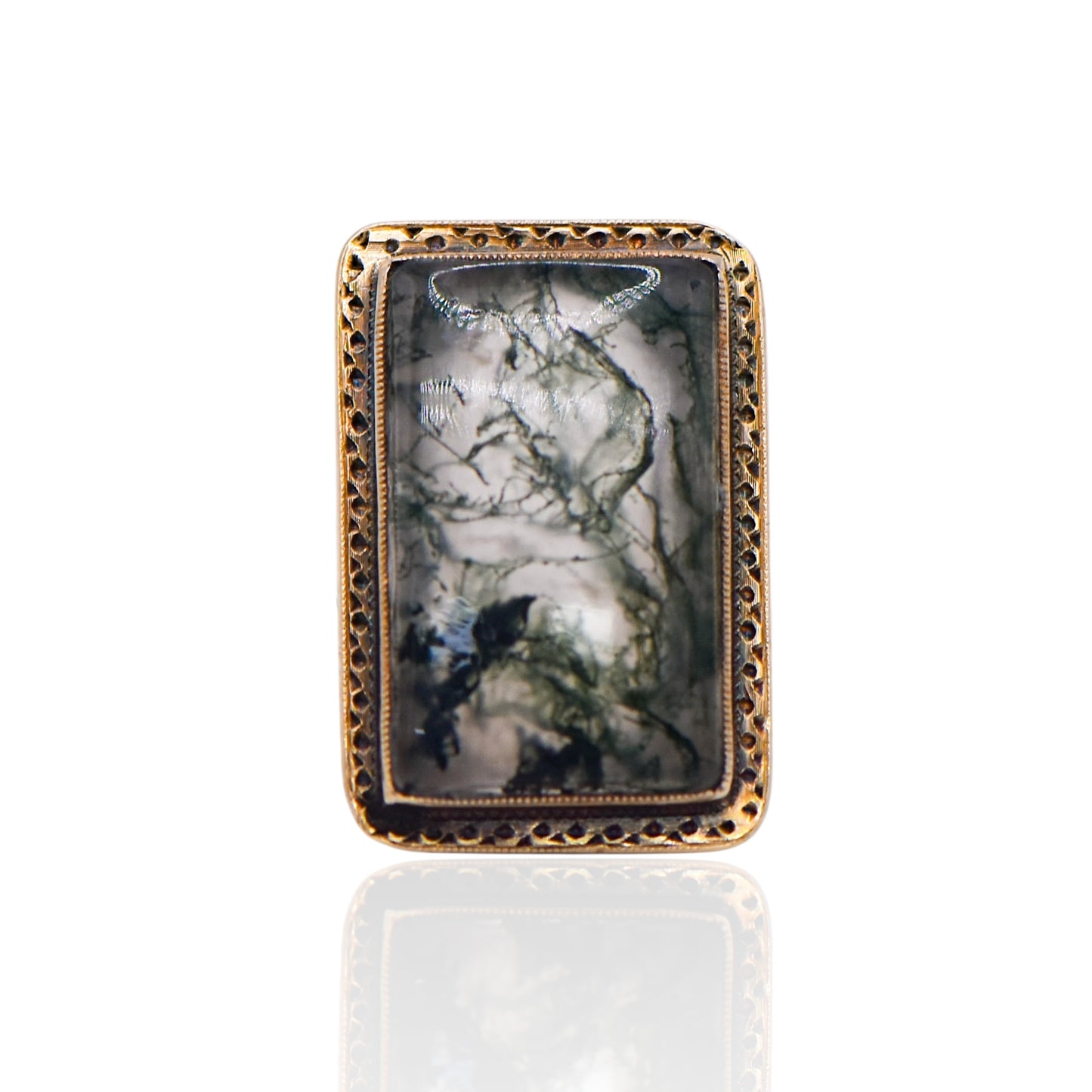 FINAL SALE: Moss Agate Rectangle Bezel Ring 14K Yellow Gold Size 4