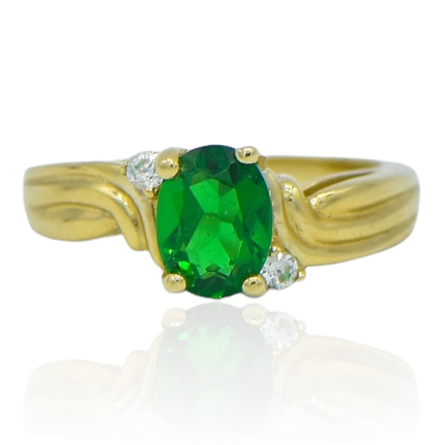 Oval Green and White CZ Ring 14k Yellow Gold