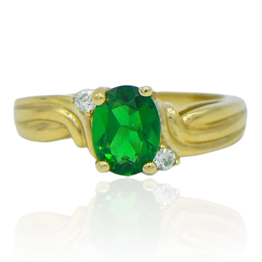 Oval Green and White CZ Ring 14k Yellow Gold