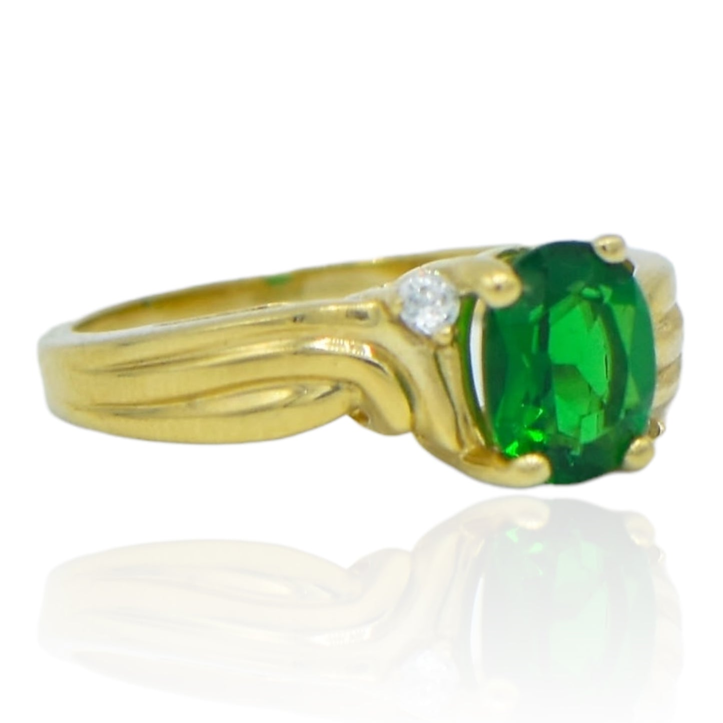 Oval Green and White CZ Ring 14k Yellow Gold