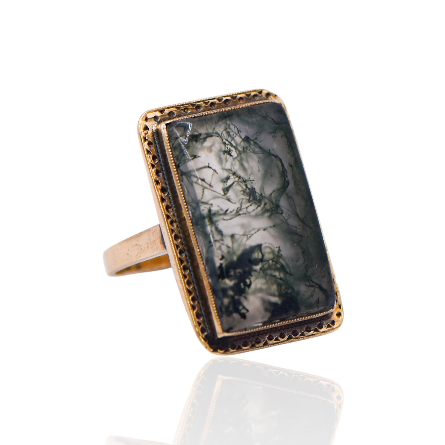 FINAL SALE: Moss Agate Rectangle Bezel Ring 14K Yellow Gold Size 4