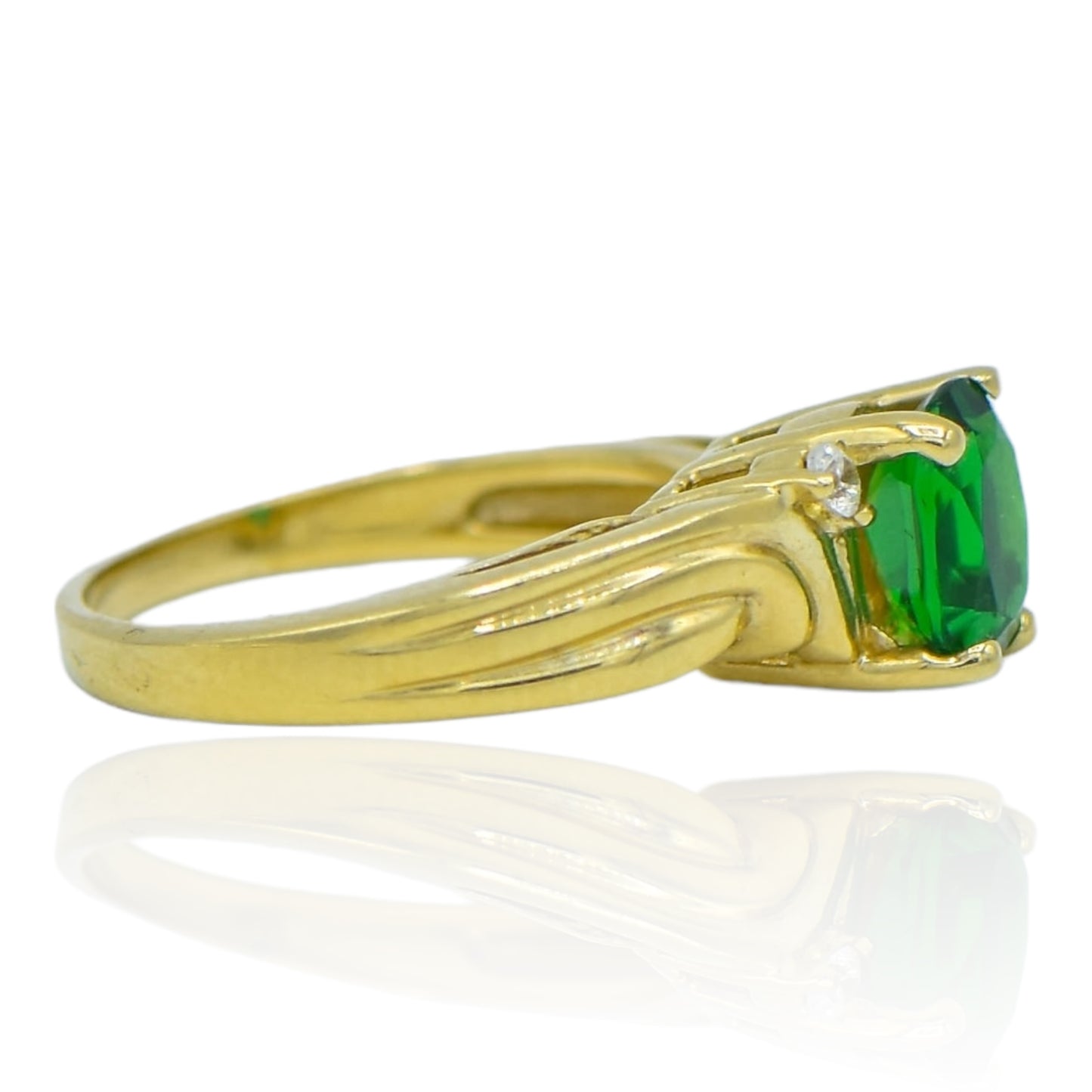 Oval Green and White CZ Ring 14k Yellow Gold